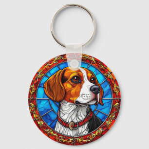 Beagle Dog in Vibrant Stained Glass Art Keychain