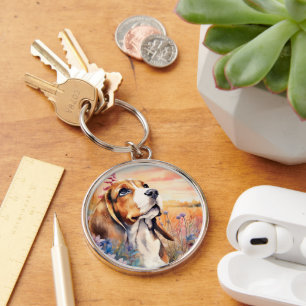 Beagle Dog Lover with Wildflower Meadow Keychain
