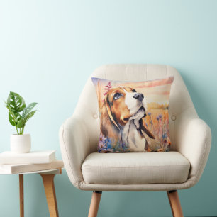 Beagle Dog Lover with Wildflower Meadow Throw Pillow