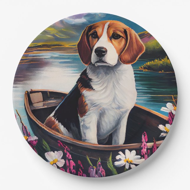 Beagle Dog on a Paddle: A Scenic Adventure Paper Plate (Front)