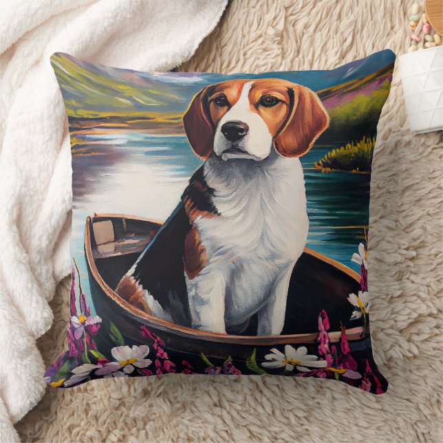 Beagle Dog on a Paddle: A Scenic Adventure  Throw Pillow (Blanket)
