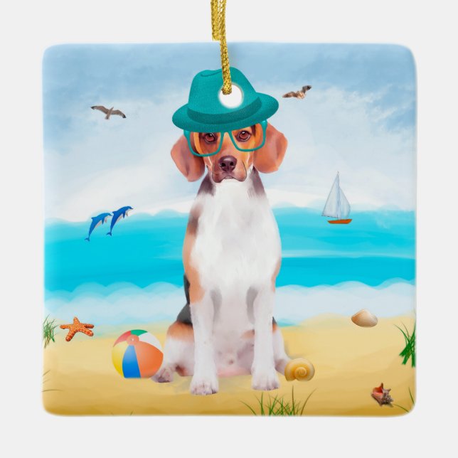 Beagle Dog On Beach Ceramic Ornament (Front)