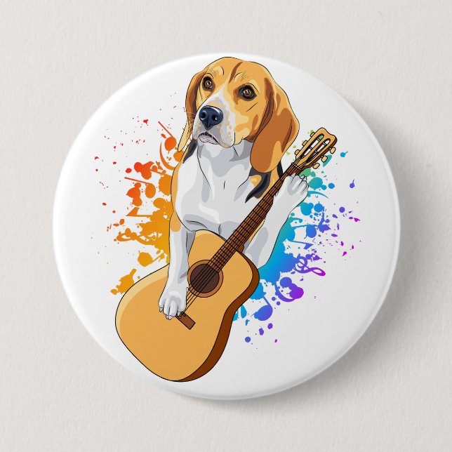 Beagle Dog Playing Acoustic Guitar Round 3 Inch Round Button (Front)