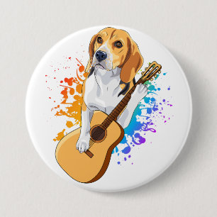 Beagle Dog Playing Acoustic Guitar Round 3 Inch Round Button