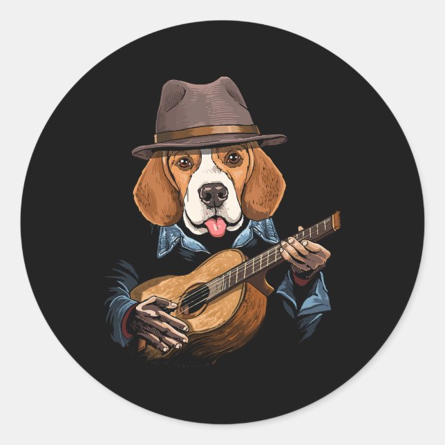 Beagle Dog Playing Guitar Pet Beagle Dog Lover Gui Classic Round Sticker (Front)