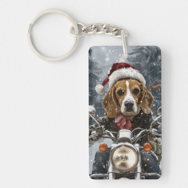 Beagle Dog Riding Motorcycle Christmas Keychain (Front)