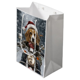 Beagle Dog Riding Motorcycle Christmas Medium Gift Bag