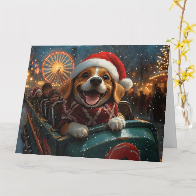 Beagle Dog Roller Coaster Christmas Card (Yellow Flower)