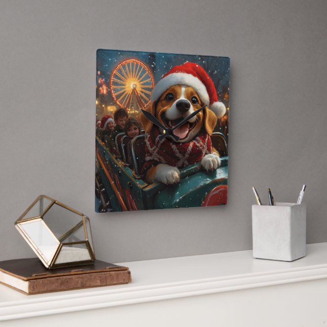 Beagle Dog Roller Coaster Christmas Square Wall Clock (Office)