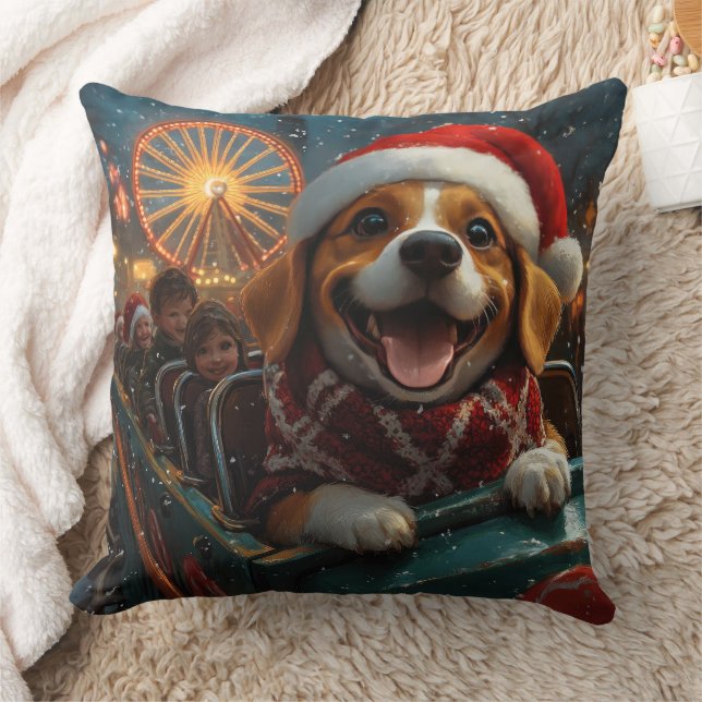 Beagle Dog Roller Coaster Christmas Throw Pillow (Blanket)