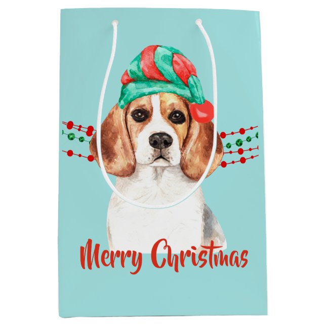 Beagle Dog Santa Hat Holiday String Beads Medium Gift Bag (Front)