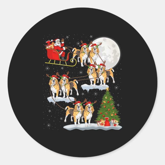 Beagle Dog Santa Sleigh Flying Funny Magical Chris Classic Round Sticker (Front)