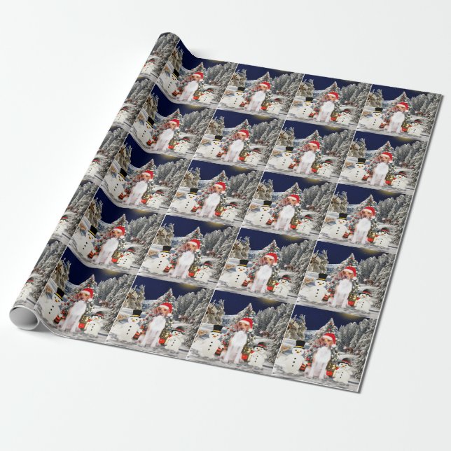 Beagle Dog Sitting in Snow Christmas Hat Wrapping Paper (Unrolled)