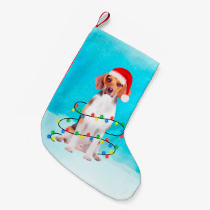 Beagle Dog Sitting On Beach Christmas Hat Lights Small Christmas Stocking