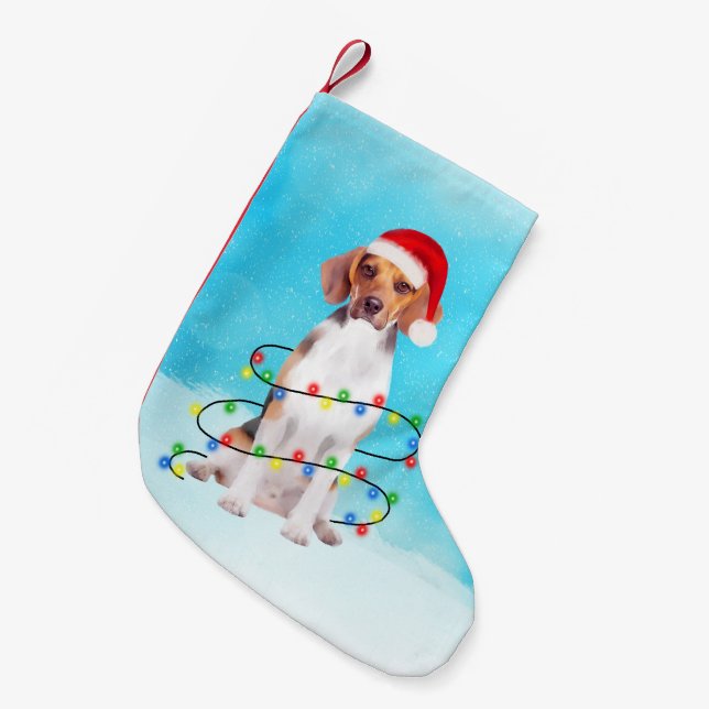 Beagle Dog Sitting On Beach Christmas Hat Lights Small Christmas Stocking (Front (Hanging))