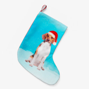 Beagle Dog Sitting On Beach Christmas Hat Small Christmas Stocking