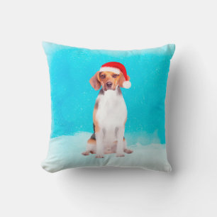 Beagle Dog Sitting On Beach Christmas Hat Throw Pillow