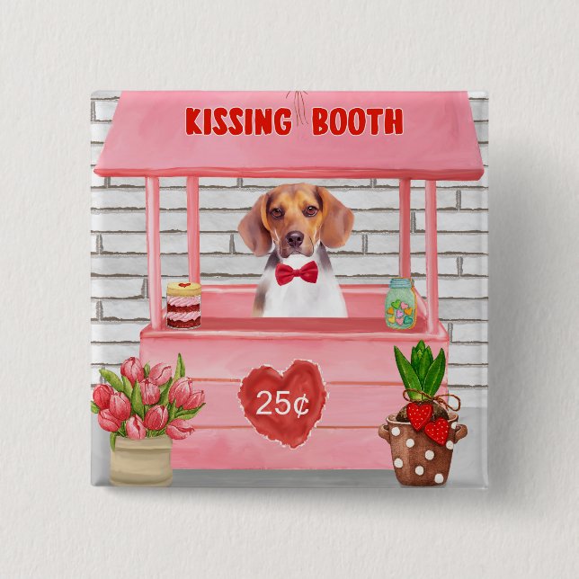 Beagle Dog Valentine's Day Kissing Booth 2 Inch Square Button (Front)