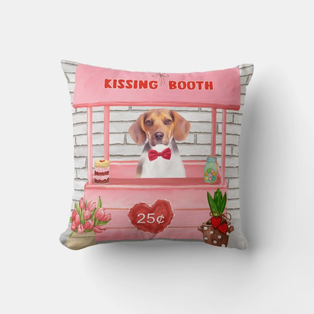 Beagle Dog Valentine's Day Kissing Booth  Throw Pillow (Front)