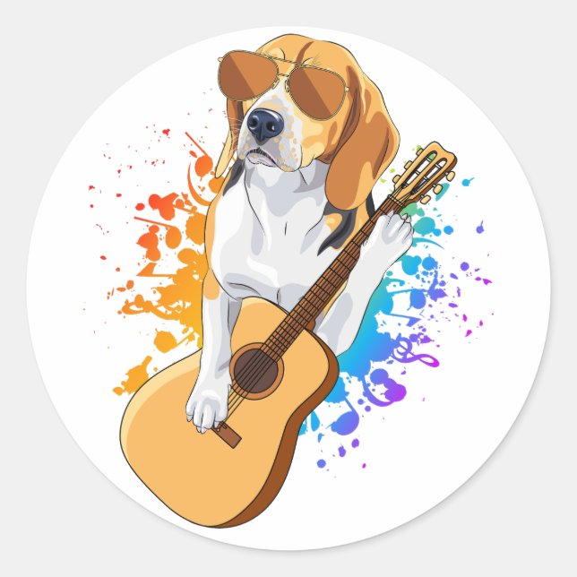 Beagle Dog Wearing Sunglasses Playing Guitar Classic Round Sticker (Front)