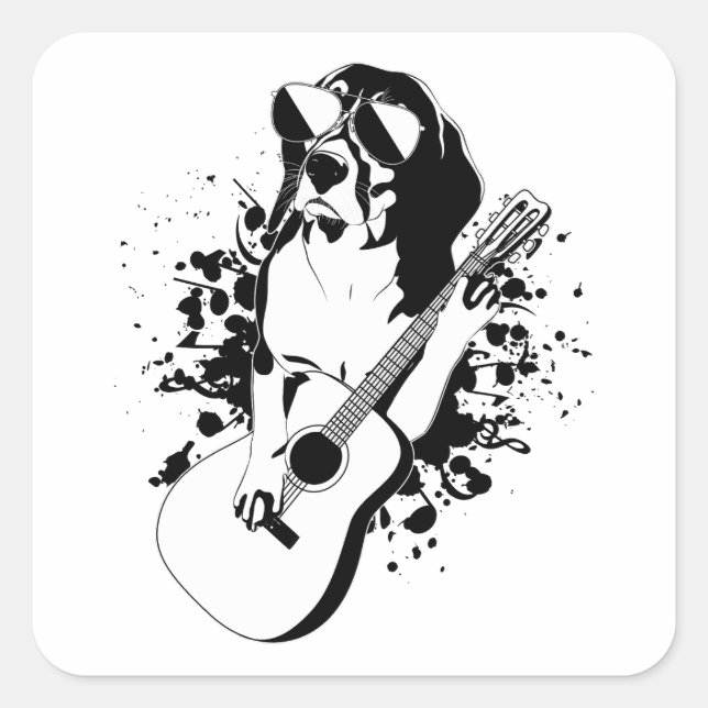 Beagle Dog Wearing Sunglasses Playing Guitar Square Sticker (Front)