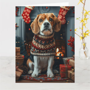 Beagle Dog With Christmas Gifts Fireplace Card