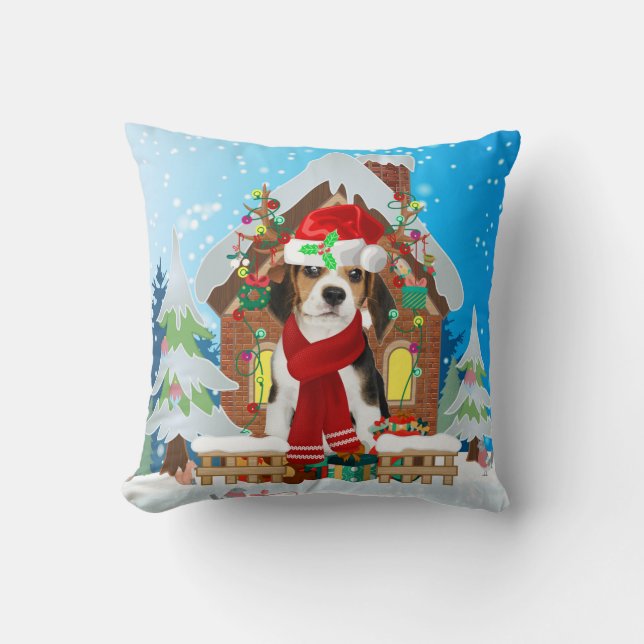 Beagle dog with Christmas gifts Throw Pillow (Front)