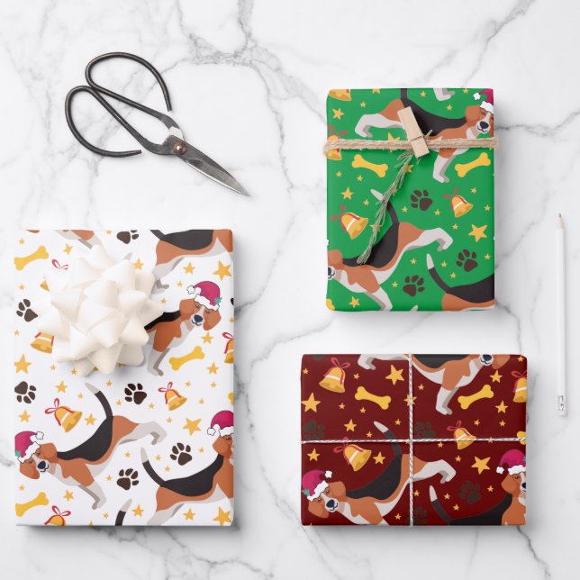 Beagle Dog With Santa Hat Christmas Wrapping Paper Sheet (Front)