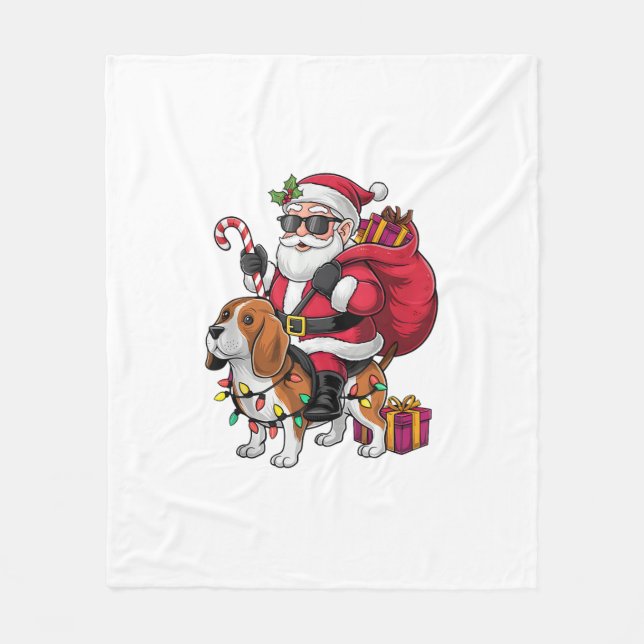 Beagle Dog Xmas Lighting Santa Riding Beagle Chris Fleece Blanket (Front)