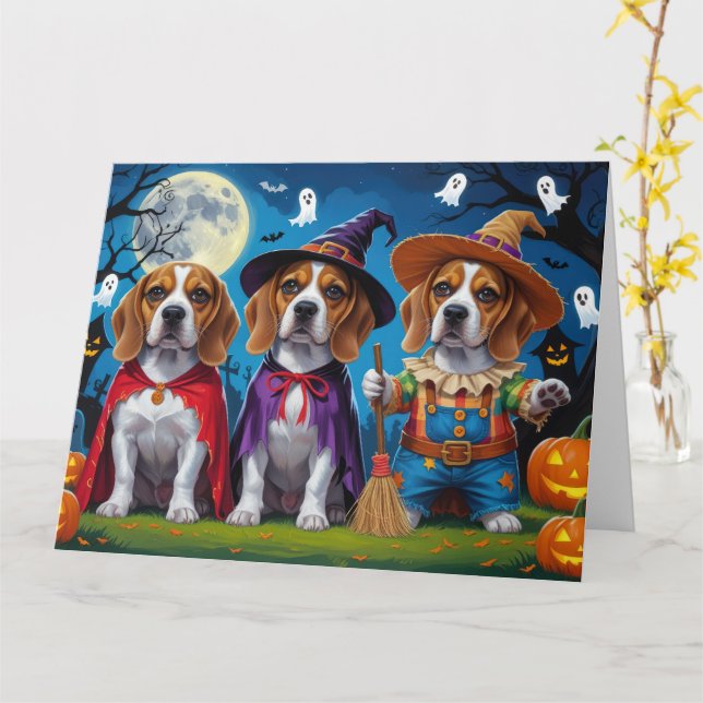 Beagle Dogs Pumpkin Halloween Funny Card (Yellow Flower)