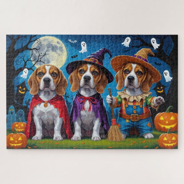 Beagle Dogs Pumpkin Halloween Funny Jigsaw Puzzle (Horizontal)