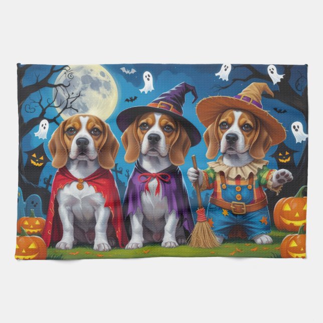 Beagle Dogs Pumpkin Halloween Funny Kitchen Towel (Horizontal)