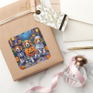 Beagle Dogs Trick-or-Treating in Halloween Costume Square Sticker