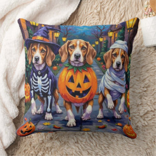 Beagle Dogs Trick-or-Treating in Halloween Costume Throw Pillow