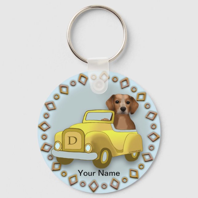 Beagle Driving Car  custom name Keychain (Front)