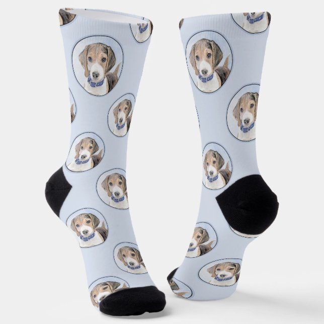 Beagle English Painting Tri Tricolor Cute Dog Art Socks (Angled)
