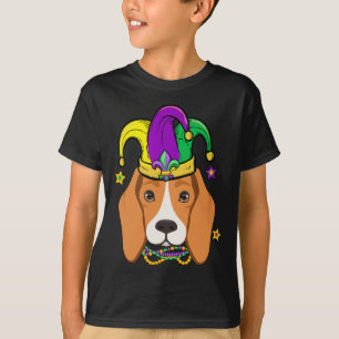 Beagle Face Wearing Mardi Gras Beads Jester Hat Pa T-Shirt