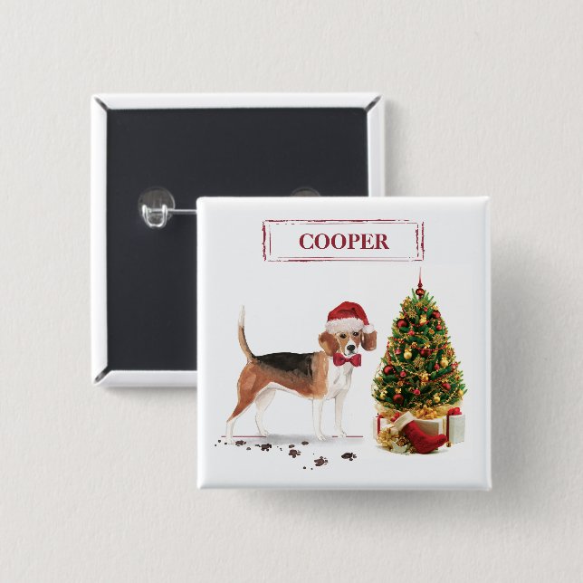 Beagle Funny Christmas Dog with Tree 2 Inch Square Button (Front & Back)
