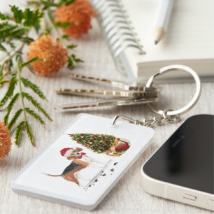 Beagle Funny Christmas Dog with Tree Keychain