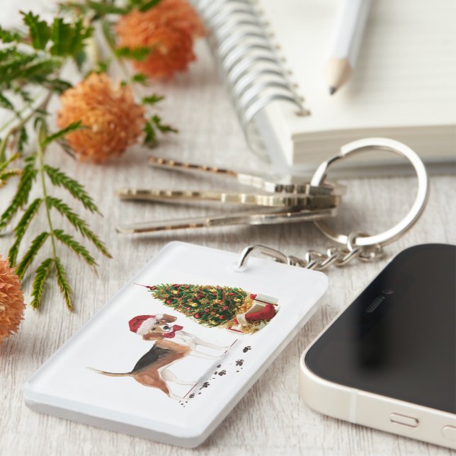 Beagle Funny Christmas Dog with Tree Keychain (Front Right)