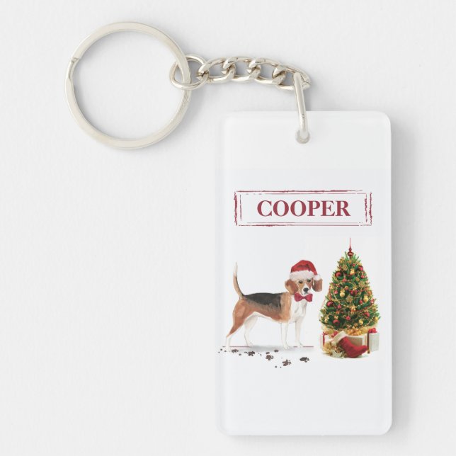 Beagle Funny Christmas Dog with Tree Keychain (Front)