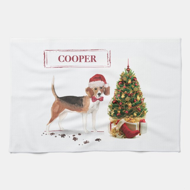 Beagle Funny Christmas Dog with Tree Kitchen Towel (Horizontal)