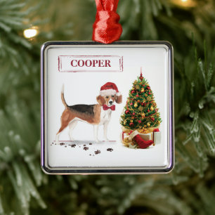 Beagle Funny Christmas Dog with Tree Metal Ornament