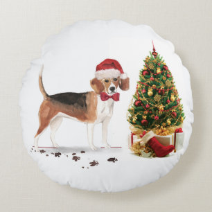 Beagle Funny Christmas Dog with Tree Round Pillow