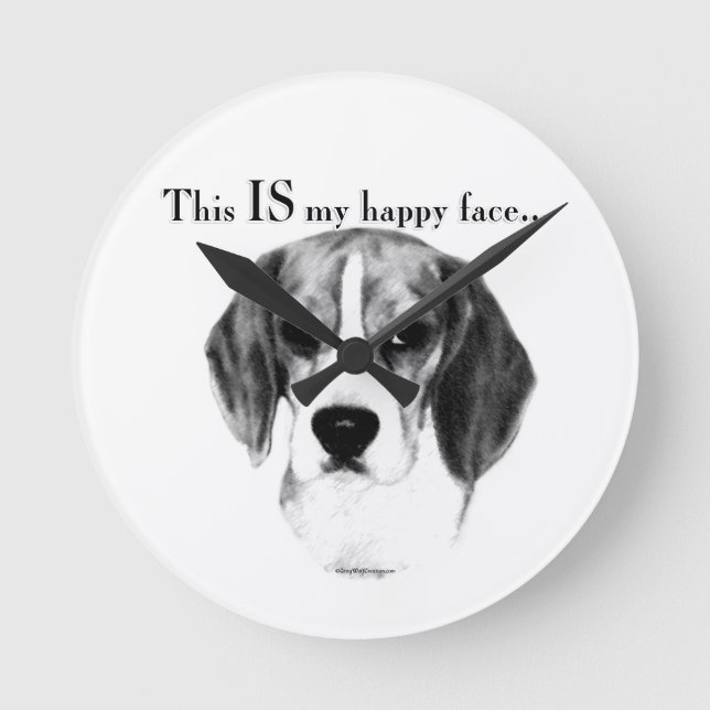 Beagle Happy Face; Happy Beagle; Grumpy Beagle Round Clock (Front)
