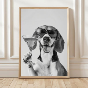 Beagle Holding A Cocktail Wall Art, Black and Whit Poster
