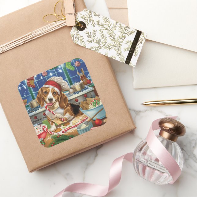 Beagle Holiday Baking: Festive Christmas Square Sticker (Gifting)