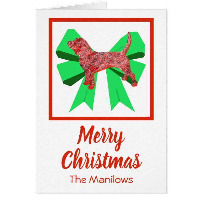 Beagle Hound Christmas Dog & Green Bow Card (Front)