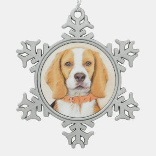 Beagle Hound Dog Painting Original Animal Art Snowflake Pewter Christmas Ornament
