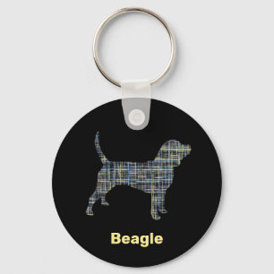 Beagle Hound Dog Silhouette Yellow & Black Grid Keychain